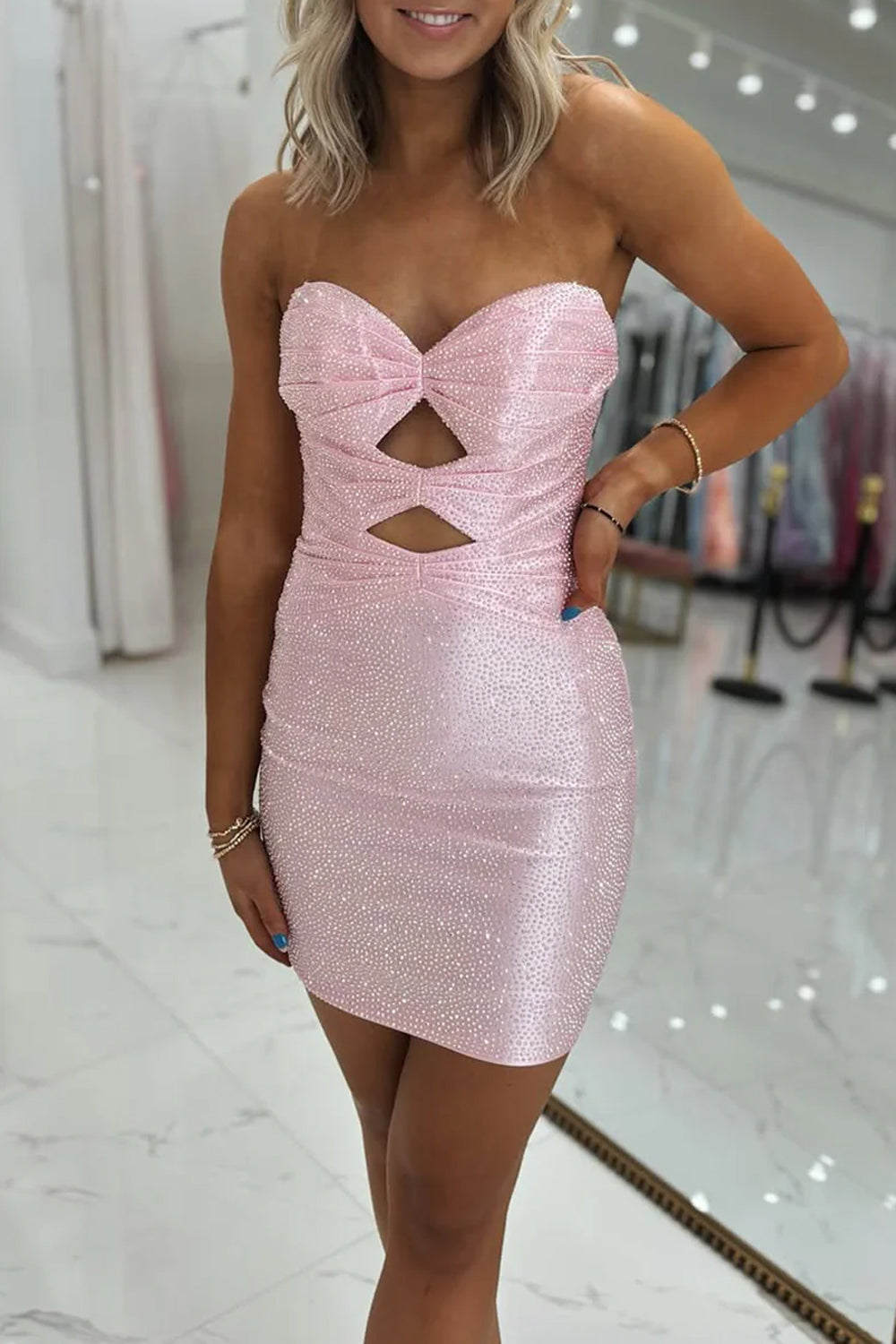 Sparkling Strapless Pink Backless Fitted Homecoming Dress with Keyholes VK25092502