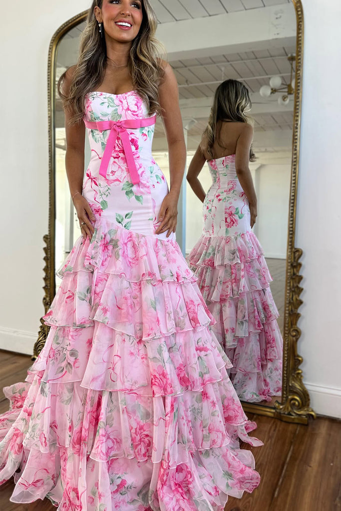pink and white mermaid prom dress Zapaka Women Sparkly Prom Dress White Floral Strapless Mermaid Long Evening Dress With Sequins, White Flower / UK16