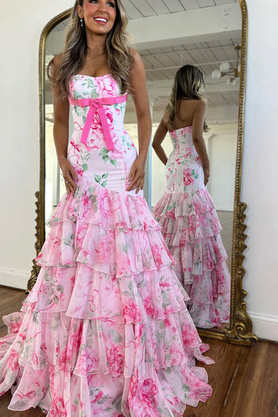 Cute Mermaid Sweetheart Pink Floral Chiffon Prom Dress VK25122901