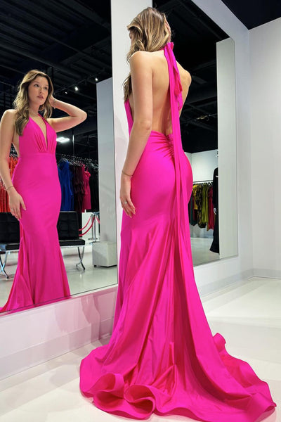 Fuchsia Halter Stin Mermaid Long Prom Dresses VK24032202