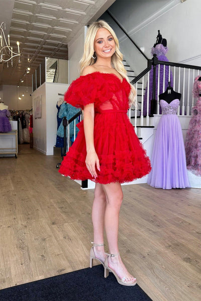 Red Off-the-Shoulder Tulle Ruffle-Layers A-line Homecoming Dress VK23061705