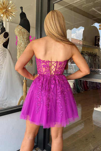 Purple A-Line Sweetheart Tulle Short Homecoming Dresses with Lace Appliques VK23072103