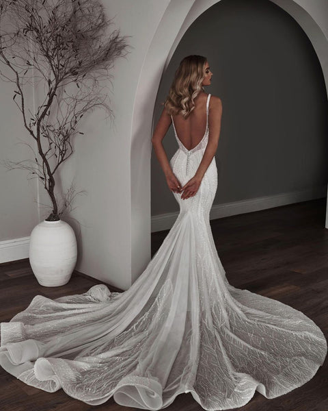 Luxurious Mermaid V Neck Sequins Wedding Dresses with Removable Train VK23051901