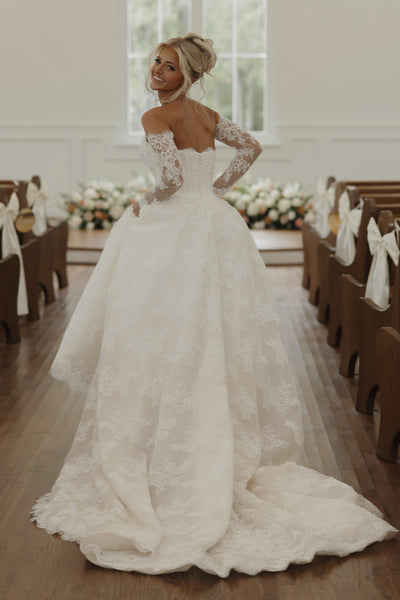 A-Line Strapless White Lace Wedding Dresses with Sleeves VK26102906