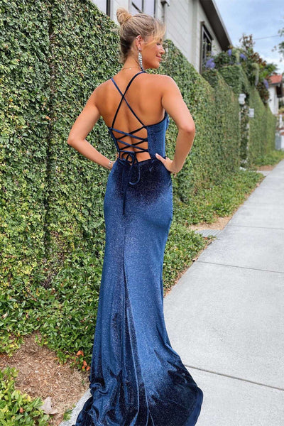 Mermaid Navy Blue Velvet Long Prom Formal Prom Dress with Slit