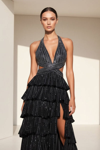 Black - A-Line Halter Satin Beaded Long Prom Dresses With Ruffles