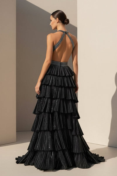 Black - A-Line Halter Satin Beaded Long Prom Dresses With Ruffles