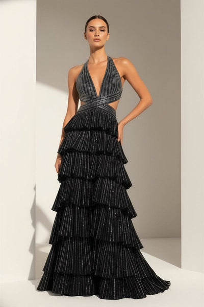 Black - A-Line Halter Satin Beaded Long Prom Dresses With Ruffles