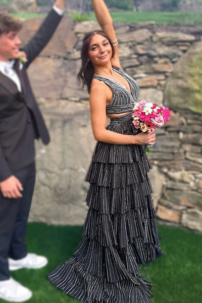 Black - A-Line Halter Satin Beaded Long Prom Dresses With Ruffles