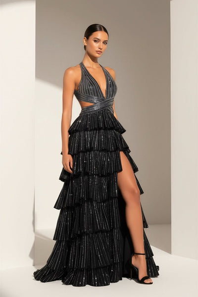 Black - A-Line Halter Satin Beaded Long Prom Dresses With Ruffles