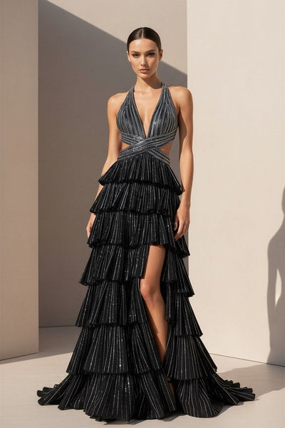 Black - A-Line Halter Satin Beaded Long Prom Dresses With Ruffles