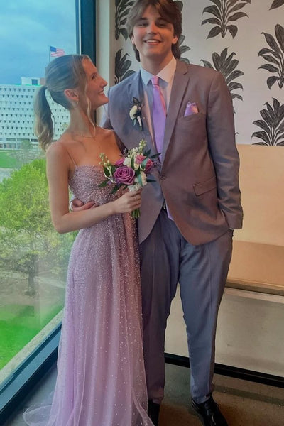 Sparkly A-Line Sweetheart Spaghetti Straps Lilac Sequins Long Prom Dresses VK26020503