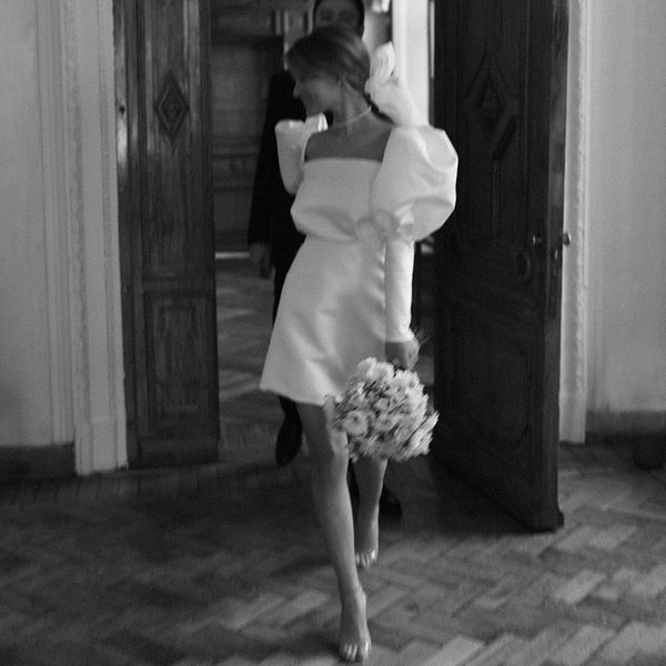 White Satin Short Wedding Dress with Puff Sleeves VK25100201