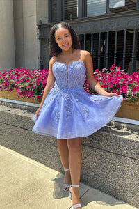 Spaghetti Straps A-Line Lavender Tulle Short Homecoming Dresses with Appliques VK23081305