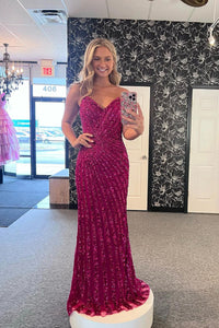 Fuchsia Strapless Sequins Mermaid Long Prom Dresses VK24032802