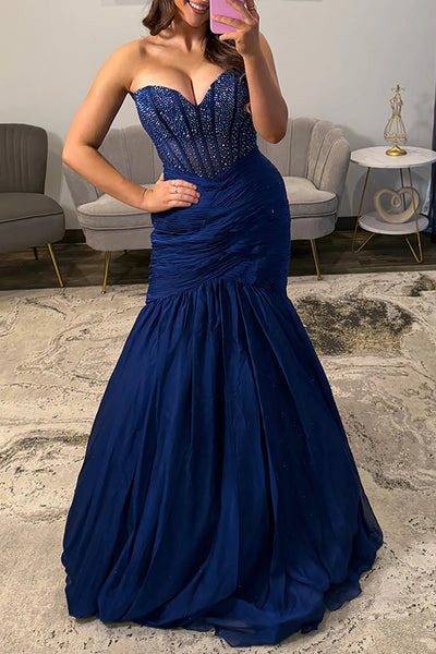 Mermaid Sweetheart Navy Blue Satin Long Prom Dresses with Beadings VK26010707