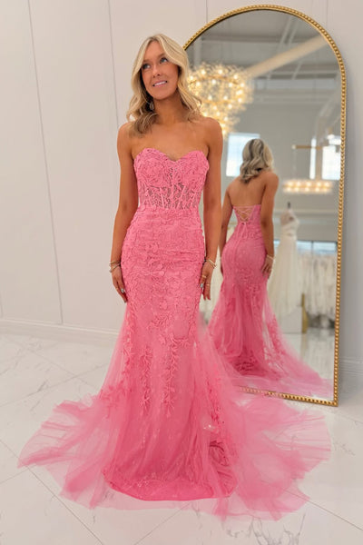 Mermaid Sweetheart Pink Tulle Appliques Long Prom Dresses VK26030103