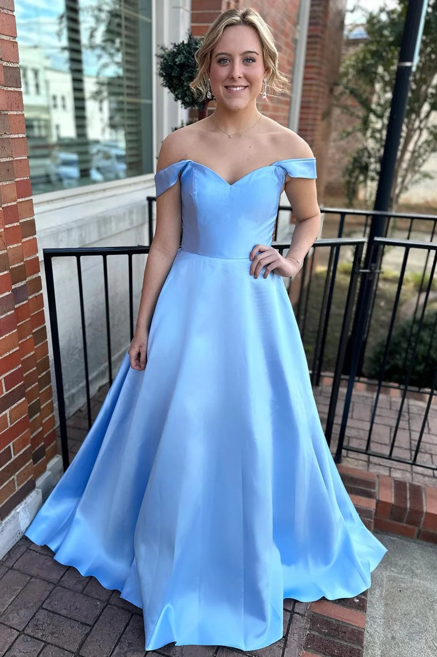 Simple A-Line Off the Shoulder Light Blue Satin Prom Dress VK23112906