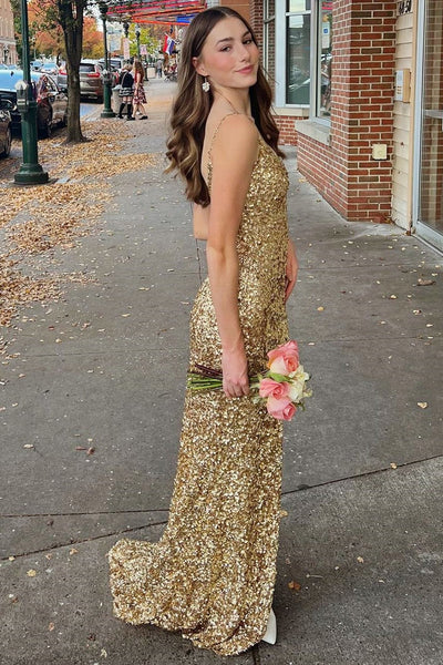 Gold Sequin V-Neck Backless Mermaid Long Formal Dress VK23122409