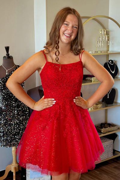 A-Line Scoop Neck Red Lace Tulle Short Homecoming Dresses VK25091609