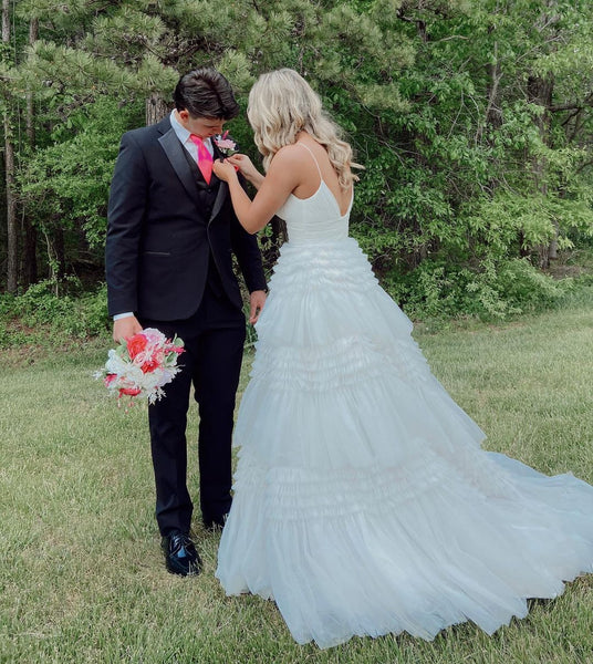 Cute A Line V Neck White Tulle Wedding Dresses VK23050509