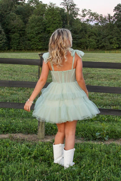 Bow Tie Mint Green Ruffle Tiered Short Dress
