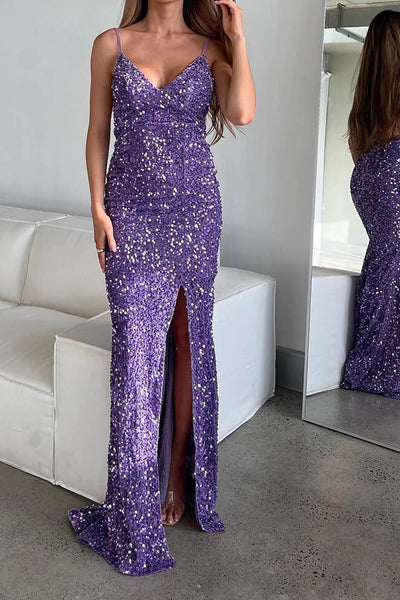 Sparkly Purple Mermaid Long Prom Dress With Slit VK23112206
