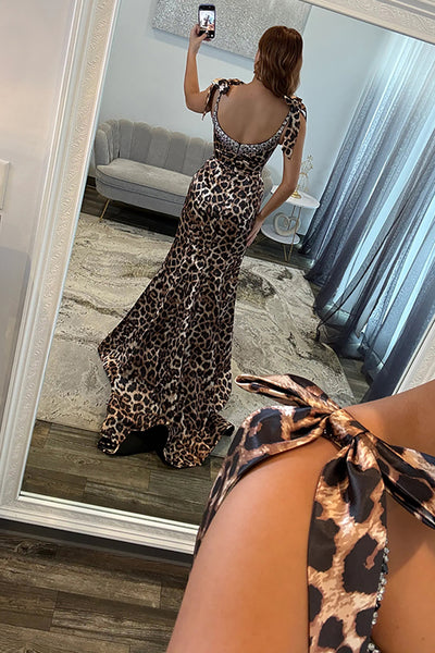 Mermaid Square Neck Brown Leopard Long Prom Dresses with Beads VK26011204