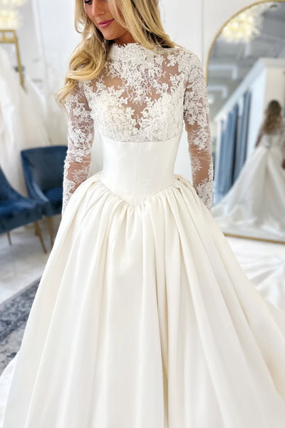 Vintage Ball Gown High Neck Lace Satin Wedding Dress with Long Sleeves VK15112707