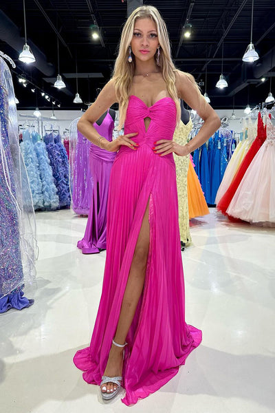 A-Line Strapless Fuchsia Keyhole Long Prom Dresses with Slit VK24040802
