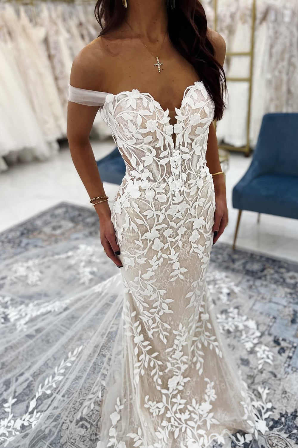 Mermaid Off the Shoulder Ivory Tulle Lace Wedding Dresses VK25031803