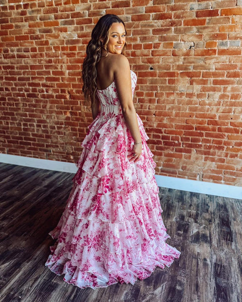 Women's Sweetheart Corset Chiffon Floral Print A Line Long Prom Dresses with Slit