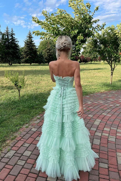 Cute A Line Strapless Light Green Tulle Tiered Ruffles Prom Dress