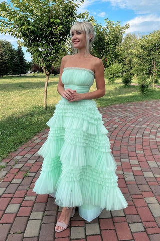 Cute A Line Strapless Light Green Tulle Tiered Ruffles Prom Dress