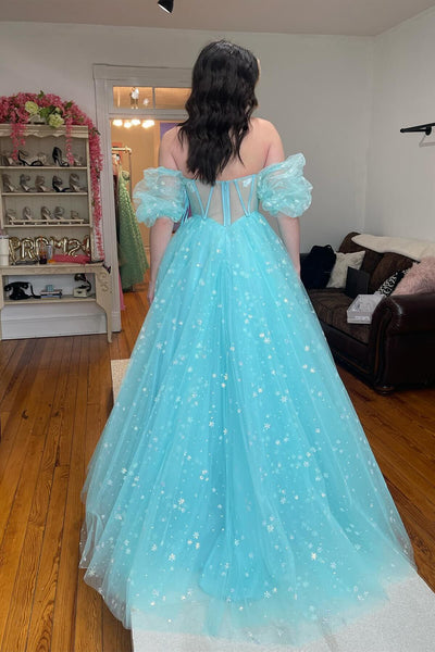 Cute A Line Sweetheart Sparkly Blue Tulle Long Prom Dress