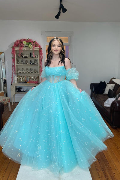 Cute A Line Sweetheart Sparkly Blue Tulle Long Prom Dress
