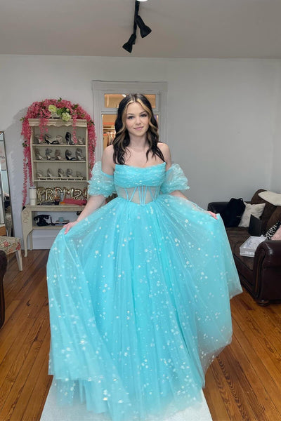 Cute A Line Sweetheart Sparkly Blue Tulle Long Prom Dress
