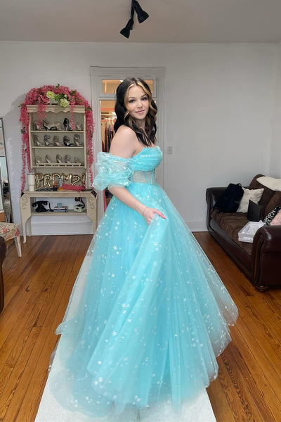 Cute A Line Sweetheart Sparkly Blue Tulle Long Prom Dress