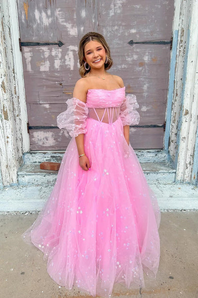 Cute A Line Sweetheart Sparkly Blue Tulle Long Prom Dress