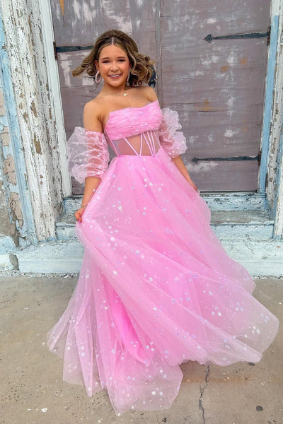 Cute A Line Sweetheart Sparkly Blue Tulle Long Prom Dress