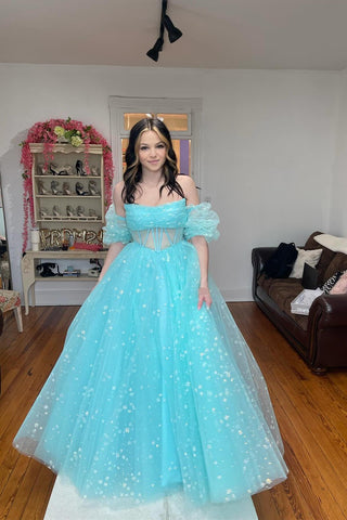 Cute A Line Sweetheart Sparkly Blue Tulle Long Prom Dress