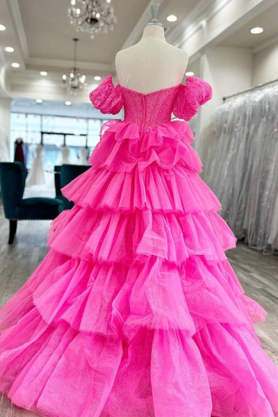 Gorgeous Ball Gown Sweetheart Hot Pink Tiered Organza Prom Gown