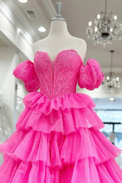 Gorgeous Ball Gown Sweetheart Hot Pink Tiered Organza Prom Gown