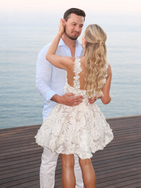 Spaghetti Straps Square Neck Sleeveless Flowers A-Line Short Mini Wedding Dress