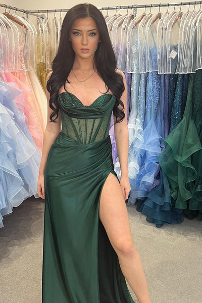Charming Mermaid V Neck Dark Green Long Prom Dress with Beading