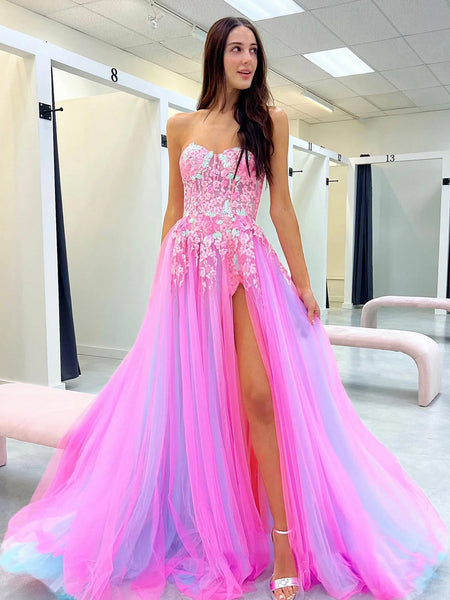 Cute A Line Sweetheart Colorful Tulle Slit Prom Dress with Appliques