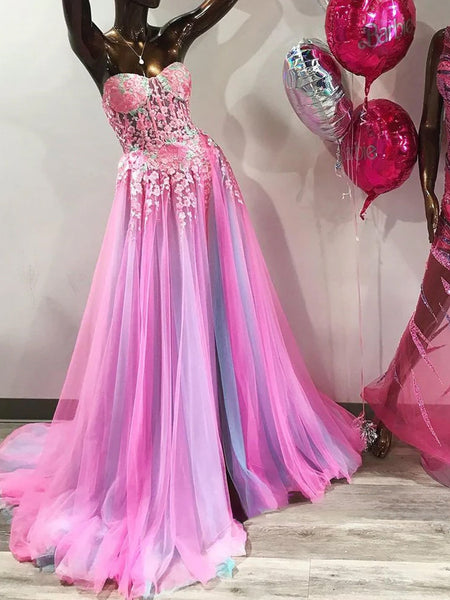 Cute A Line Sweetheart Colorful Tulle Slit Prom Dress with Appliques