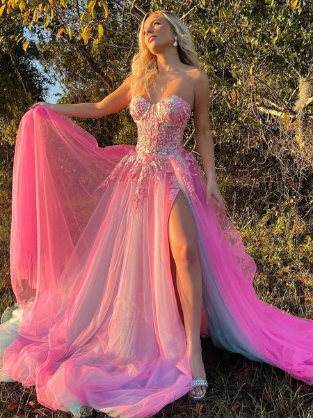 Cute A Line Sweetheart Colorful Tulle Slit Prom Dress with Appliques