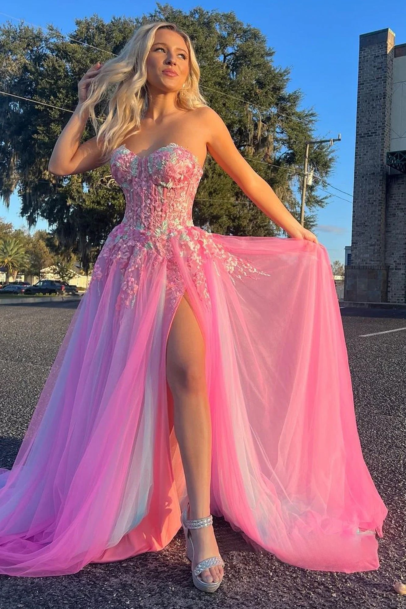 Cute A Line Sweetheart Colorful Tulle Slit Prom Dress with Appliques
