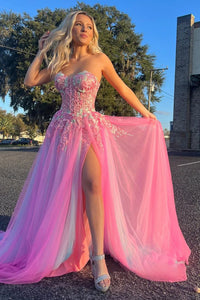 Cute A Line Sweetheart Colorful Tulle Slit Prom Dress with Appliques